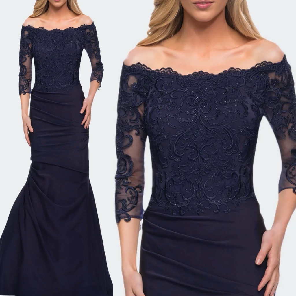 La Femme Satin Mermaid Gown With Off The Shoulder Lace Bodice - Blue Size 4